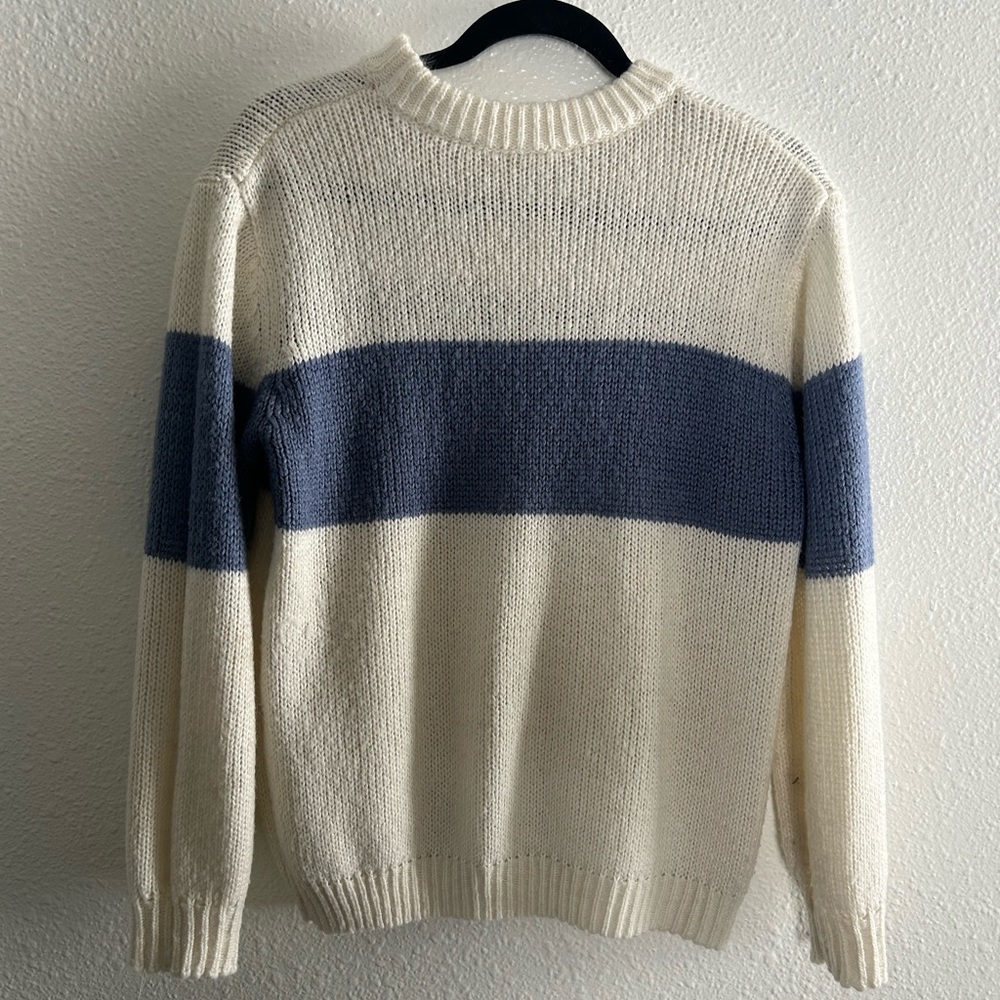 Women's Cream Crewneck Sweater with Blue Stripe